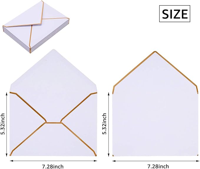 100 Pack White A7 Envelopes 5 x 7 Card Envelopes V Flap with Gold Border for Office, Wedding Gift Cards, Invitations, Graduation, Baby Shower, Parties (5.32 x 7.28 Inches, White)