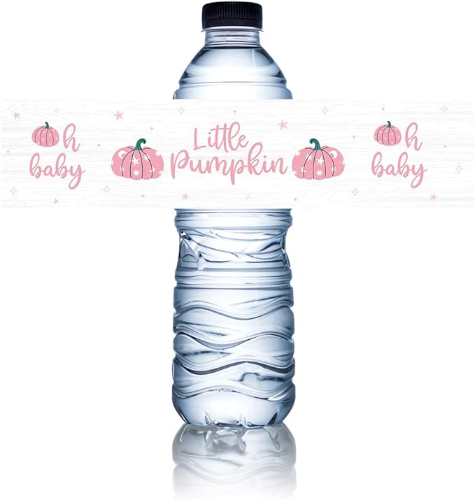 100Pcs Pink Little Pumpkin Girl Baby Shower Water Bottle Labels Waterproof Wrappers for Fall Baby Shower Decorations and Party Drink Stations