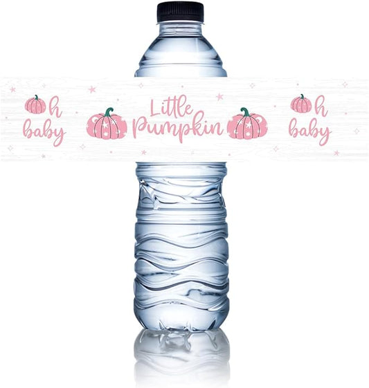 100Pcs Pink Little Pumpkin Girl Baby Shower Water Bottle Labels Waterproof Wrappers for Fall Baby Shower Decorations and Party Drink Stations