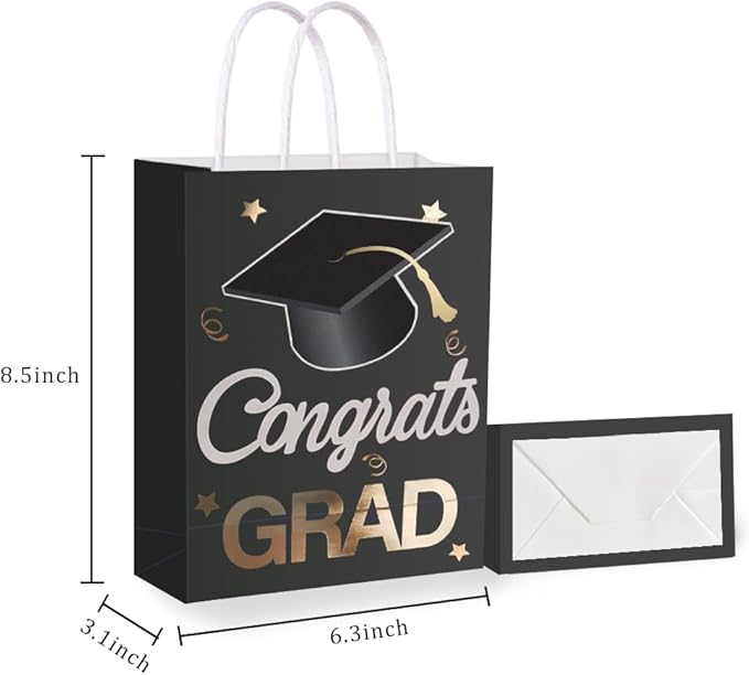 12 Pieces Graduate Gift Bags, Graduation Party Favor Gifts Wrapping Bags for Graduation Season Theme Party Supplies Decoration (Black Gold)