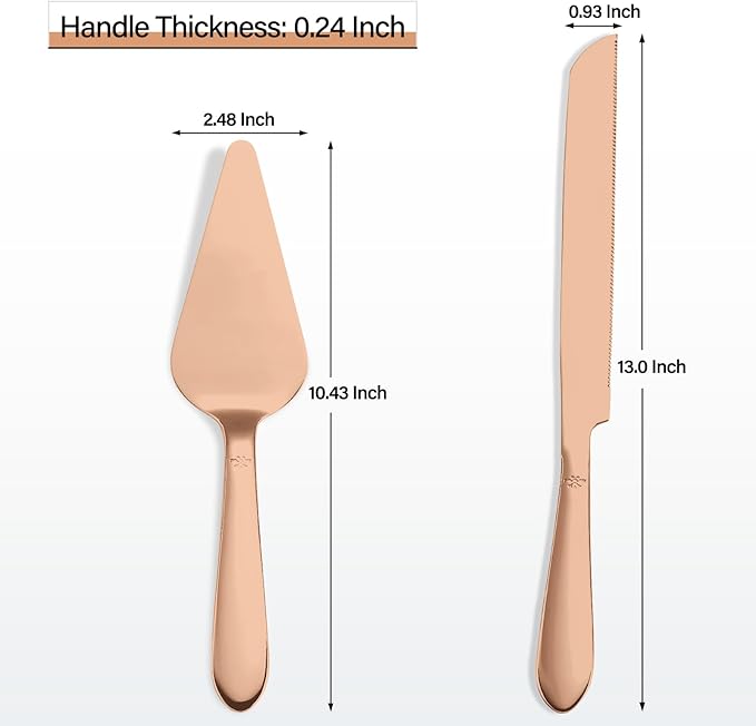 Wedding Cake Knife and Server Set, Integral Stainless Steel Longer Cake Cutter and Wider Pie Spatula, Elegant Cake Cutting Serving Set for Party Birthday Christmas Bridal Shower Set of 2, Rose Gold