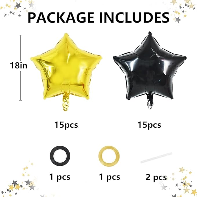 TONIFUL 30Pcs 18 Inch Large Black Gold Star Shape Foil Balloons Big Stars Helium Mylar Ballons for Birthday Wedding Baby Shower Anniversary Engagement Party Decorations Supplies