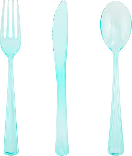 WDF 180 Pieces Green Plastic Silverware Disposable - Clear Green Cutlery Sets 60 Forks, 60 Knives and 60 Spoons - Heavy Duty Plastic Utensils for Party, Summner