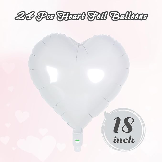 24 White Heart Balloons, 18 inch Heart Shape Foil Balloons for Love, Valentine, Birthday, Wedding, Engagement, Baby Shower & Valentine Day Decorations
