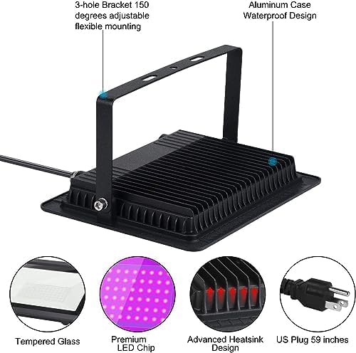 Black Lights 500W LED Flood Light with Plug(6ft Cable), IP66 Waterproof Black Lights for Party, Stage Lighting, Aquarium, Body Painting, Halloween, Neon Glow in The Dark (2 Pack)
