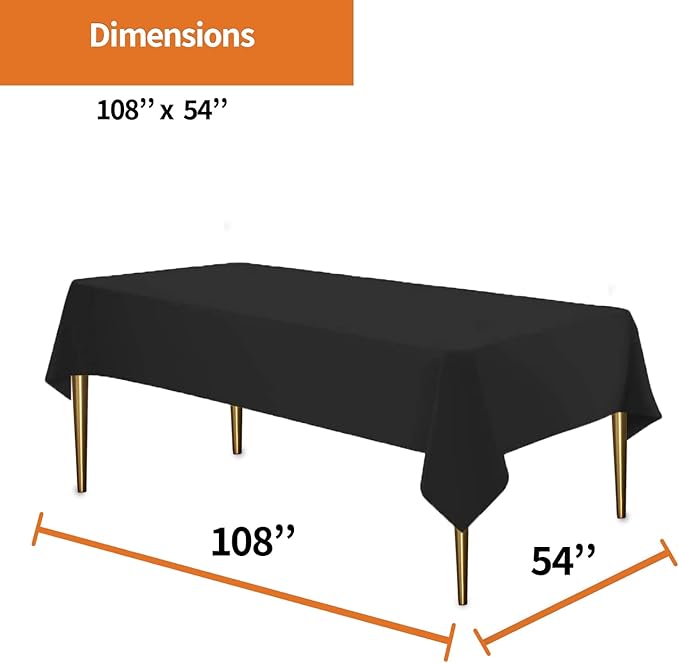 Party Dimensions Black Tablecloth Disposable Plastic Table Cover for Rectangle Tables (12 Pack) Premium Plastic Table Cloths for Parties, Events & Weddings, Indoors/Outdoors, 54"x108"