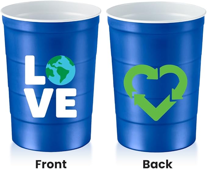 16 oz. Party Cup Earth Day 'Love' Planet Recycle Design for Cold Drinks, Durable, Disposable, Recyclable, Made in USA, Blue 12 Count