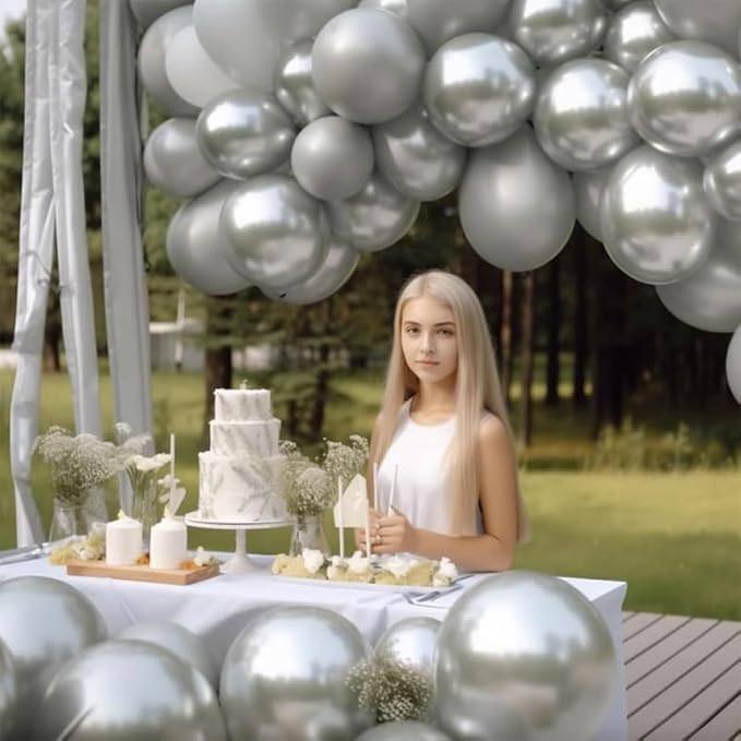 Metallic Silver Balloons 50 pcs 12 Inch Chrome Silver Latex Balloons for Wedding Bridal Engagement Baby Shower Gender Reveal Easter Anniversary Birthday Christmas Party Decorations