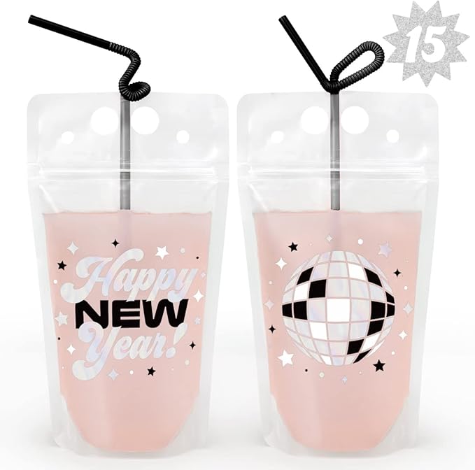 xo, Fetti New Years Eve Party Drink Pouches - 15 pcs | NYE Party Favors, Happy New Year Decorations, NYE 2023 Cups Decor