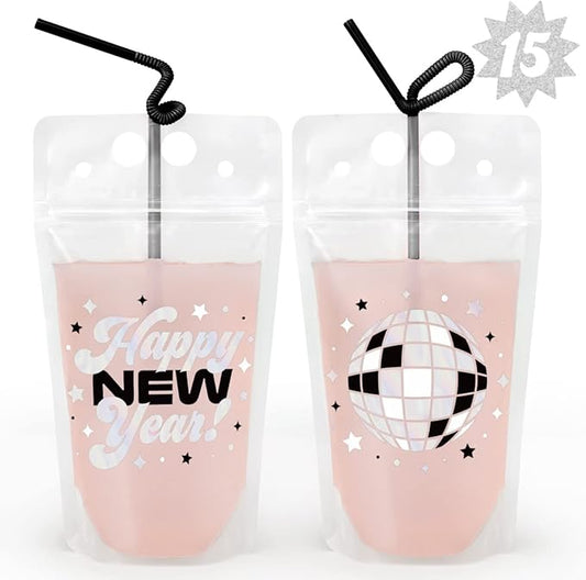 xo, Fetti New Years Eve Party Drink Pouches - 15 pcs | NYE Party Favors, Happy New Year Decorations, NYE 2023 Cups Decor