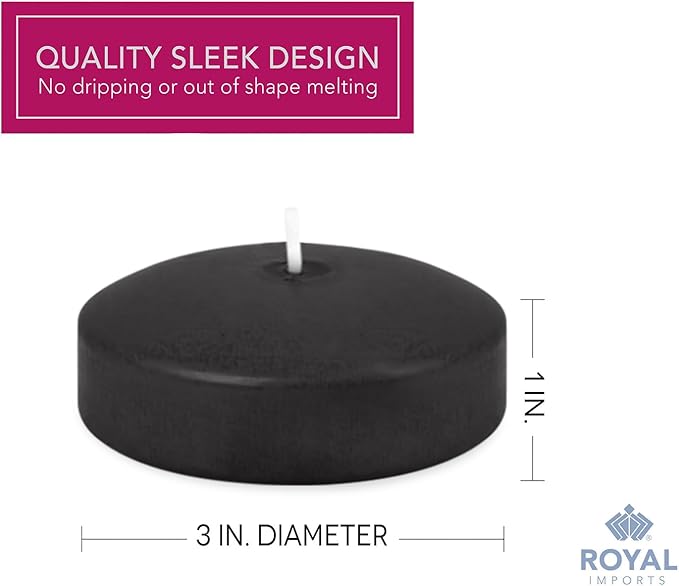 Royal Imports Black Floating Candles 3" - Made in USA Pack of 12 Unscented Dripless Wax Discs - 10 Hour Burn Time - for Centerpieces, Weddings, Events, Home Décor