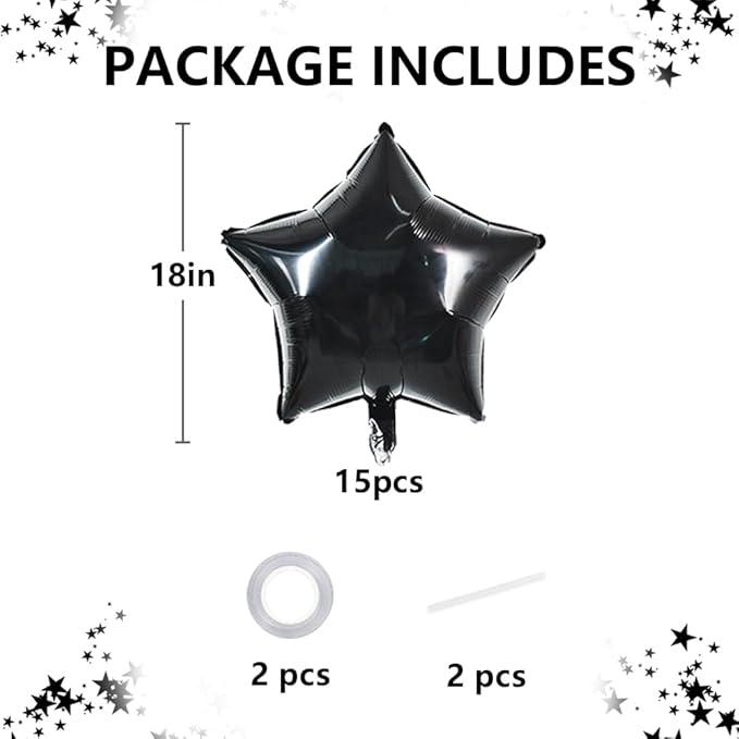 TONIFUL 15Pcs 18 Inch Large Black Star Shape Foil Balloons Big Black Stars Helium Mylar Ballons for Birthday Wedding Baby Shower Anniversary Engagement Party Decorations Supplies