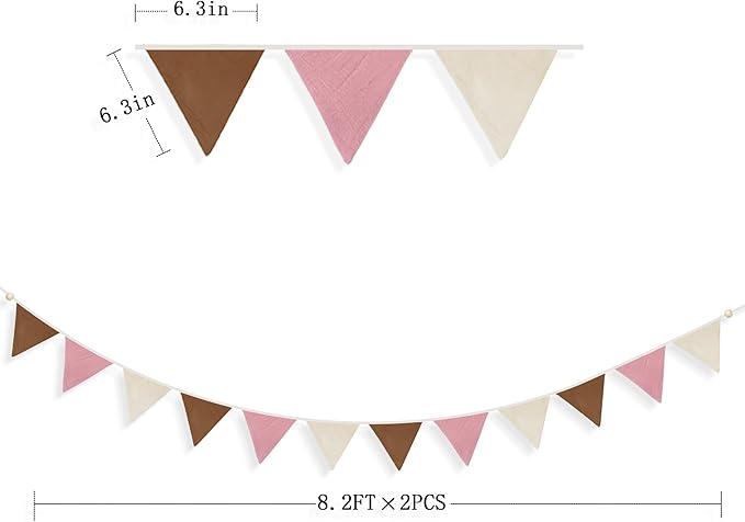 2 Sets of Brown Dusty Pink Beige Nursery Garland 24Pcs Linen Fabric Baby Banner Triangle Pennant Flags Streamers for Kids Girls Birthday Boho Baby Shower Party Decorations Baby Bedroom Nursery Decor