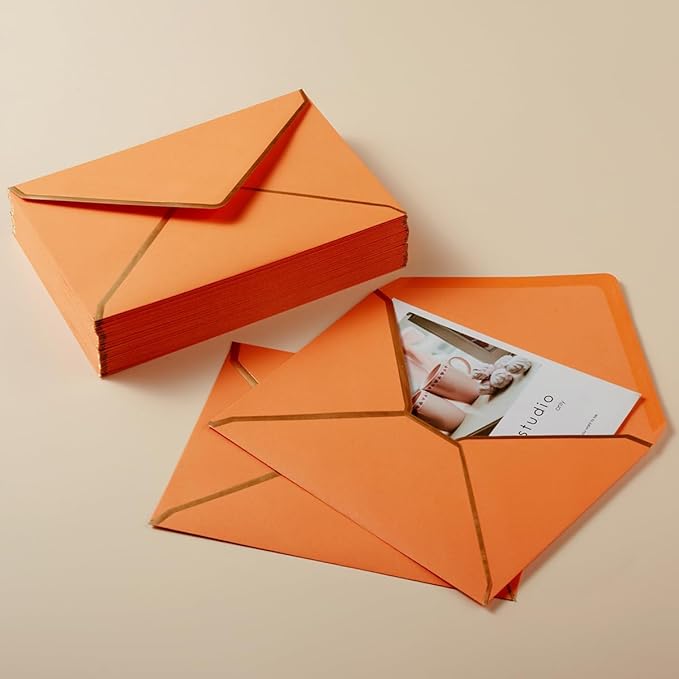 100 Pack A7 Envelopes 5 x 7 Card Envelopes V Flap with Gold Border for Office, Wedding Gift Cards, Invitations, Graduation, Baby Shower, Parties (Dark Orange, 5.32 x 7.28 Inches)