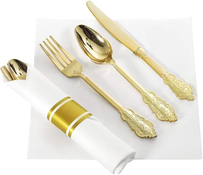 Liacere 30 Pack Gold Plastic Silverware - Premium Quality Gold Plastic Utensils - Includes 30 Forks, 30 Knives, 30 Spoons, 30 Napkins & Thanksgiving