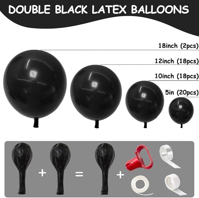 Double Stuffed Matte Black Balloons Different Sizes Latex Premium Black Balloon Arch Garland Kit for Birthday Graduation Wedding Baby Shower Halloween Party Decor