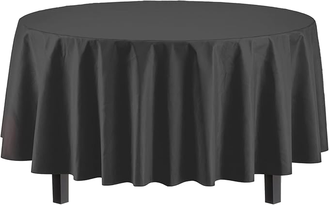Party Solids 6-Pack Premium Plastic Tablecloth 84in. Round Plastic Table Cover - Black