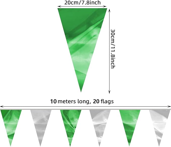 65FT Green Silver Glitter Triangle Pennant Banner Flag Metallic Bunting Fabric Garland for Christmas Graduation Wedding Engagement Anniversary Bachelorette Bridal Shower Valentine's Party Supplies