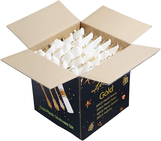 Liacere 30 Pack Gold Plastic Silverware - Premium Quality Gold Plastic Utensils - Includes 30 Forks, 30 Knives, 30 Spoons, 30 Napkins & Thanksgiving