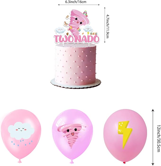 132PCS Pink Tornado Party Supplies Birthday Decorations for Girls Tornado 2nd Disposable Plates Napkins Set, Banner, Hanging Swirls, Tablecloth, Cake Topper, Balloon,Tornado 2nd 2 Year Old Baby Shower