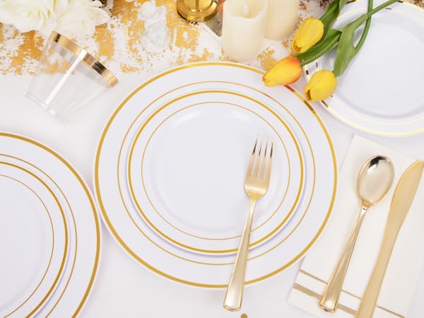 GATHER 176 Pieces Gold Dinnerware Disposable - White and Gold Plastic Plates Includes 50 Plates, 25 Plastic Silverware, 25 Napkins, 25 Cups and 1 Tablecloth for Wedding Party Christmas