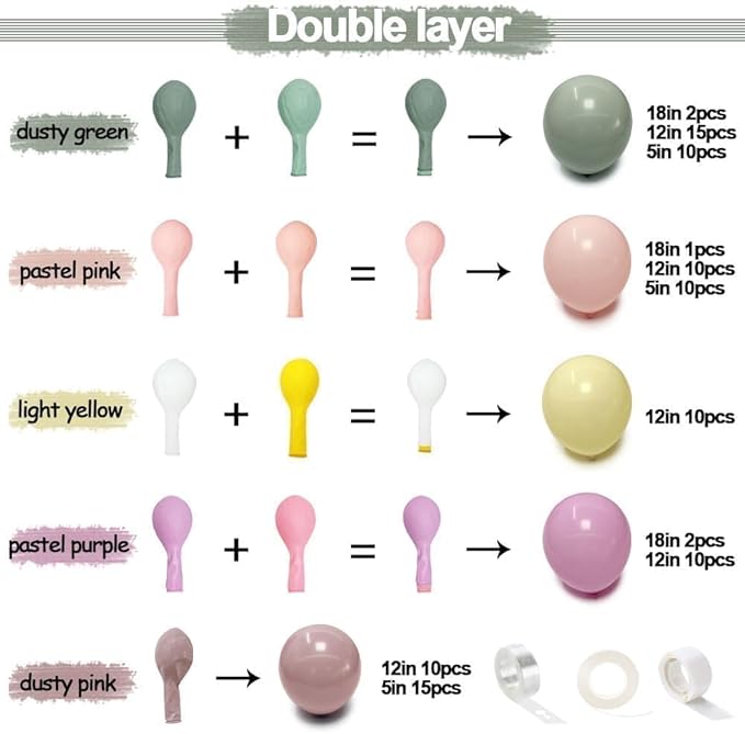 Dusty Green Pink Yellow Balloon Garland Double Stuffed Pastel Pink Yellow Haze Purple Green Floral Pastel Balloons Arch Kit for Birthday Wild Flower Baby Shower Wedding Garden Tea Party Decoration