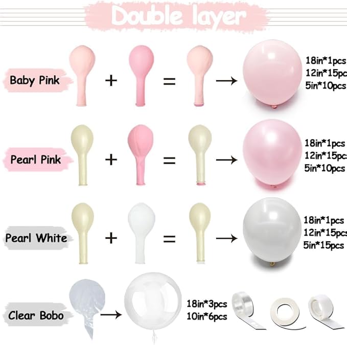 Pearl Pink White Balloon Arch Double Stuffed Pastel Light Pink White Cream Balloon Garland Kit With Bobo Balloons for Birthday Baby Shower Baby in Bloom Wedding Bridal Bachelorette Party Decor