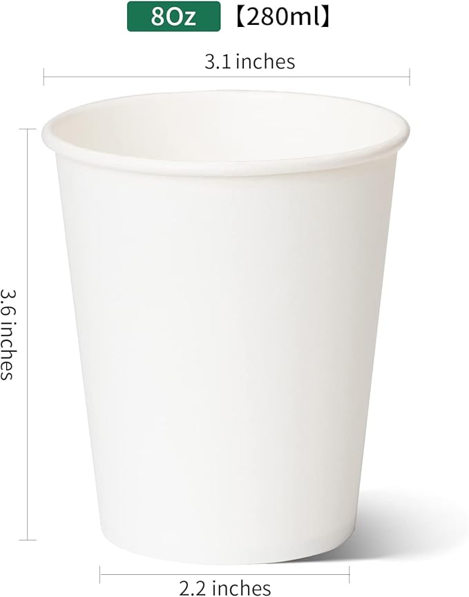 RACETOP [300 count] Paper Coffee Cups 8 oz, Disposable Coffee Cups, Hot Beverage, Ideal for Pub, Party, Office White