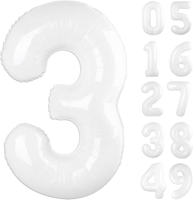 40 Inch White 3 Large Number Balloon, 3 13 23 30 33 36 White Birthday Party Decorations, Number Three Foil Balloons for Anniversary Party Graduations Celebration Supplies