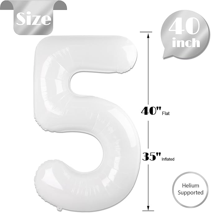 White Number 5 Balloon 40 Inch, 5th Birthday Party Decorations for Children, Giant 5 Foil Balloon for Party Supplies