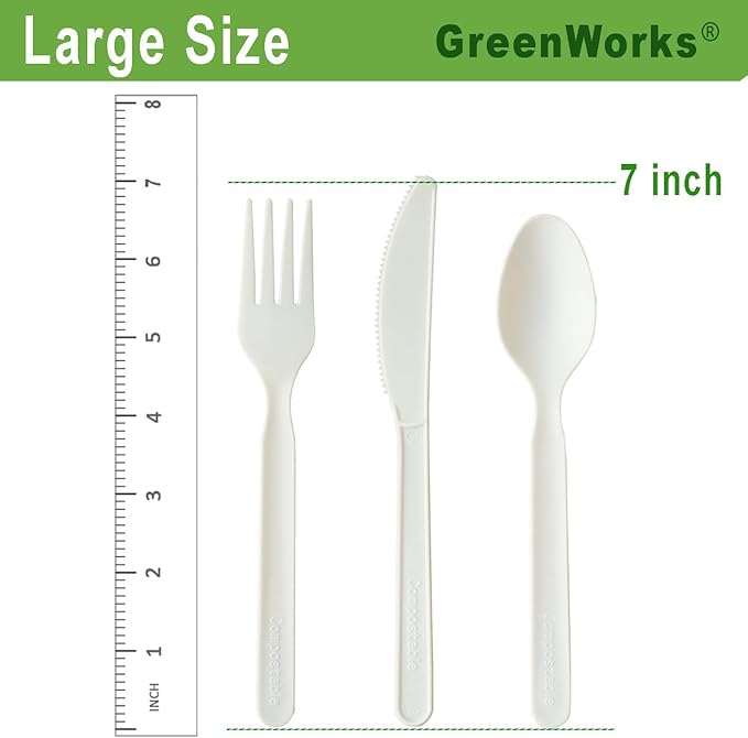 GreenWorks 300 Count 7" Heavy-duty Compostable Cutlery Set,100 Forks 100 Spoons 100 Knives,BPI Certified Large t Disposable Bio-based Cutlery