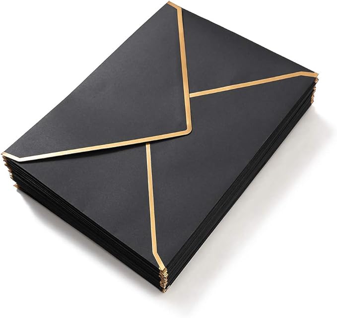 100 Pack A7 Envelopes 5 x 7 Card Envelopes V Flap with Gold Border for Office, Wedding Gift Cards, Invitations, Graduation, Baby Shower, Parties (5.32 x 7.28 Inches, Black)