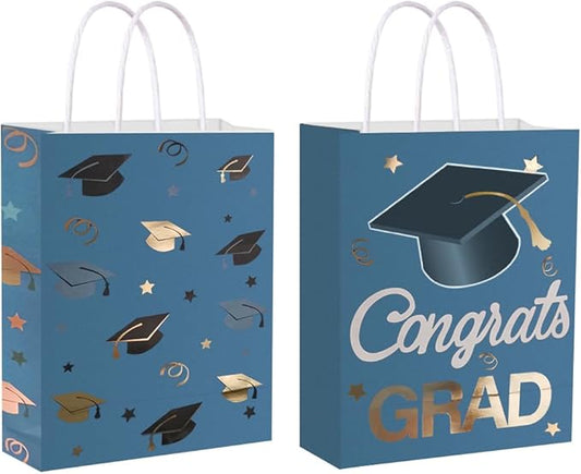 12 Pieces Graduate Gift Bags, Graduation Party Favor Gifts Wrapping Bags for Graduation Season Theme Party Supplies Decoration (Blue Gold)