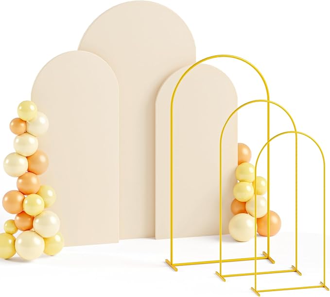 Arch Backdrop Stand and Cover Set 4&5&6ft Beige Arch Cover Set of 3 Metal Arches Backdrop Stand Wedding Arched Frame Gold Arched Backdrops Stand with Covers for Wedding Party Ceremony Decor