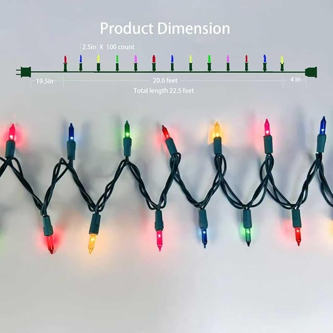 Christmas Lights 100 Counts,Multicolor Indoor Outdoor,Green Wire Connectable of Incandescent Lighting String,Decorations for Holiday, Party,Festival,Christmas String Lights (Green-Multi)