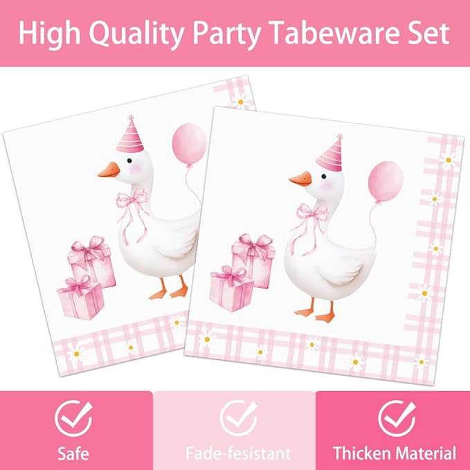 140pcs Pink Pet Duck Birthday Decorations Supplies, Disposable Paper Dinnerware Set Paper Plates Napkins Cups Set for 20 Guests Duck