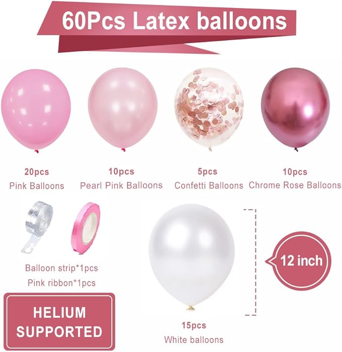 Pink White Rose Party Balloons, 60pcs 12 inch Pink White Rose Gold Confetti Balloons Kit, Pink White Chrome Rose Latex Balloons for Birthday, Wedding, Graduation Party Decorations