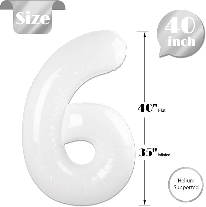 White Number 6 Balloon 40 Inch, 6th Birthday Party Decorations for Children, Giant 6 Foil Balloon for Party Supplies