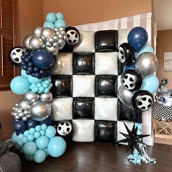 Black and White Square Foil Balloon Wall, 25 PCS Double Sided Checkered Balloons Flat Square Balloon Backdrop for Checkerboard Racing Themed Birthday Party Background Decoration