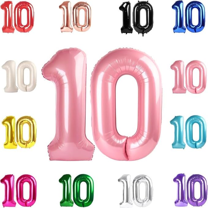 10 Balloon Number, Pearlescent Pink Number 10th Birthday Balloons 40 Inch, 10 Years Old Pearlescent Pink Birthday Decorations for Boys Girls, 10th Anniversary Decorations