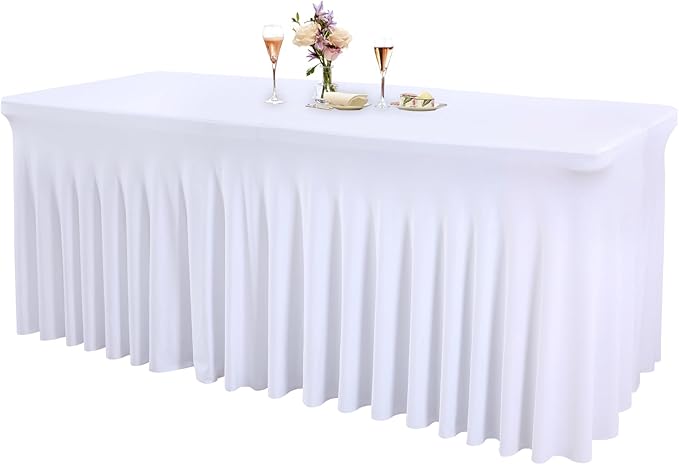 1 Pack White Table Clothes for 8 Foot Rectangle Tables, One-Piece Wrinkle Resistant Stretch Spandex Table Covers with Skirt for Event Banquet Wedding Birthday Party
