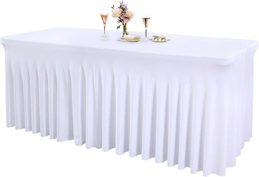 1 Pack White Table Clothes for 4 Foot Rectangle Tables, One-Piece Wrinkle Resistant Stretch Spandex Table Covers with Skirt for Event Banquet Wedding Birthday Party