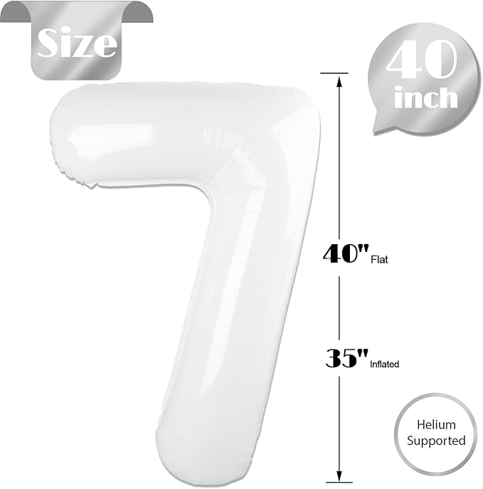White Number 7 Balloon 40 Inch, 7th Birthday Party Decorations for Children, Giant 7 Foil Balloon for Party Supplies