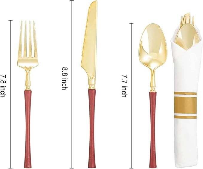 Liacere 30 PCS Gold Plastic Silverware with Pre Rolled Napkins - Gold Plastic Cutlery Premium Gold Plastic Utensils with Red Handle Includes 10Forks 10Knives 10Spoons 10Napkins for Christmas Day