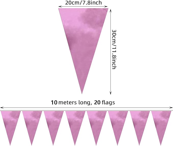 40M/130FT Pink Triangle Pennant Banner Flag Metallic Fabric Bunting Garland for Christmas Graduation Wedding Engagement Anniversary Bachelorette Birthday Bridal Shower Valentines Hen Party Supplies
