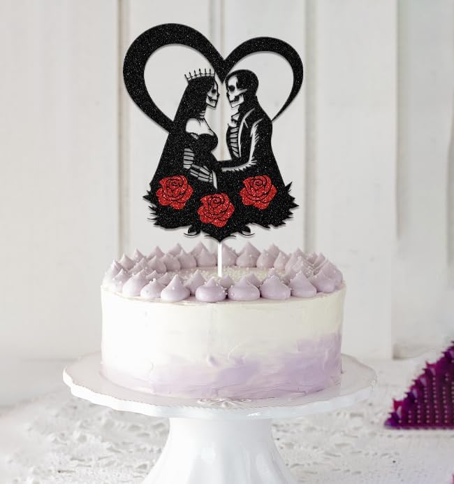 Halloween Bride or Die Engagement Wedding Cake Topper, Halloween Wedding Decorations, Skull Silhouette Cake Topper Party Decorations Supplies Black & Red