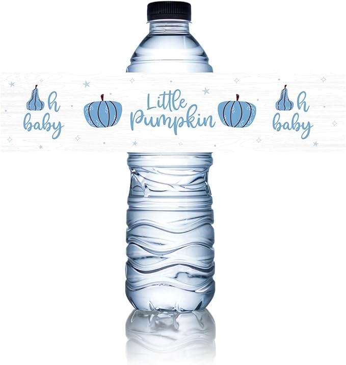 100Pcs Blue Little Pumpkin Boy Baby Shower Water Bottle Labels Waterproof Wrappers for Fall Baby Shower Decorations and Party Drink Stations