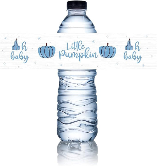 100Pcs Blue Little Pumpkin Boy Baby Shower Water Bottle Labels Waterproof Wrappers for Fall Baby Shower Decorations and Party Drink Stations