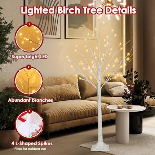 1-Pack 4FT Lighted Birch Tree (Higher & Floor Standing), Birch Christmas Tree for Indoor & Outdoor, Warm White 96 LED Birch Tree Lights for Outdoor Christmas Decorations Indoor Home Thanksgiving