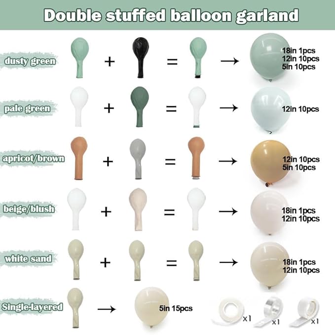 Dusty Green Tan Balloon Arch Kit Double Stuffed, Light Sage Green White Sand Brown Apricot Pastel Neutral Balloon Garland for Boho Baby Shower Birthday Wedding Fall Christmas Party Decoration